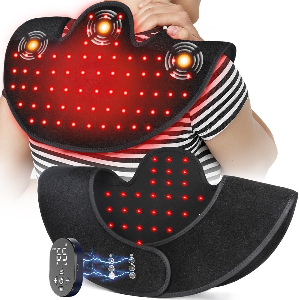 Red Light Therapy for Neck Shoulder with Vibration Massage, 660nm & 850nm Infrared Light Therapy Wrap, Cordless Portable Rechargeable Red Light Therapy for Shoulder (Black)