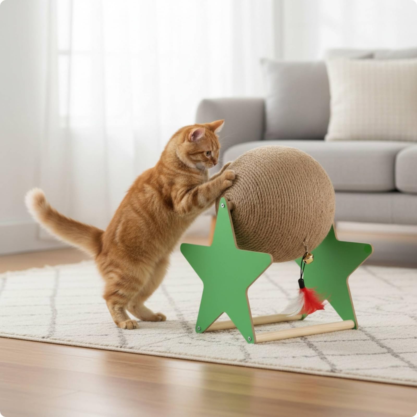 Griffoir pour Chat Balle avec Cadre en Bois Jouet Suspendu Clochette et Plume Construction Stable Format Compact Adapté aux Appartements Petites Pièces Protection des Meubles, Grand