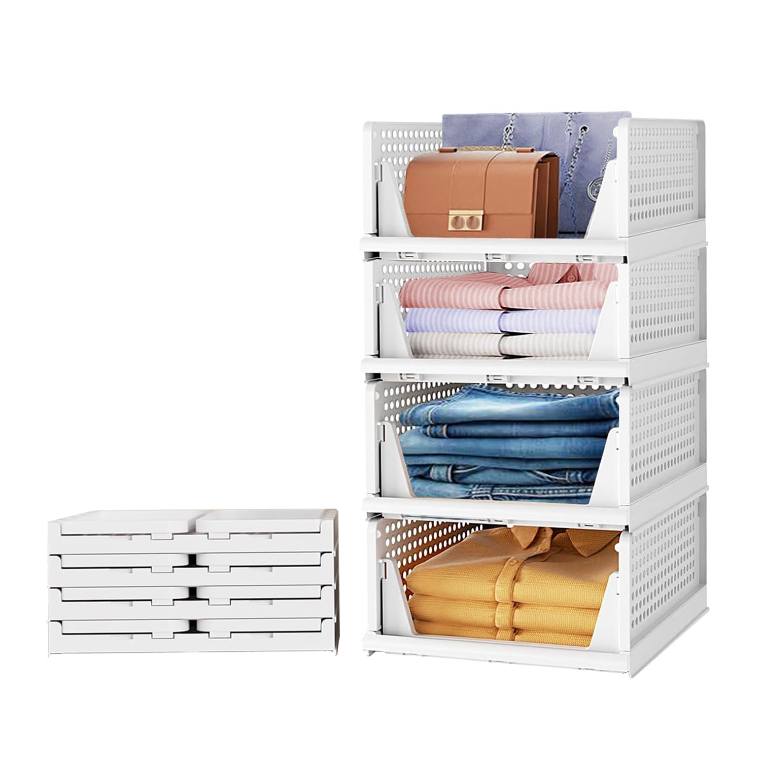 polypropylene Pack of 4 Pcs.(Large) Clothes Shirt Stacker Organizer, Cupboard Foldable Stackable Multipurpose Adjustable Sliding Tray Basket (44.5x33.5x18.5 Cms), Clothing, White