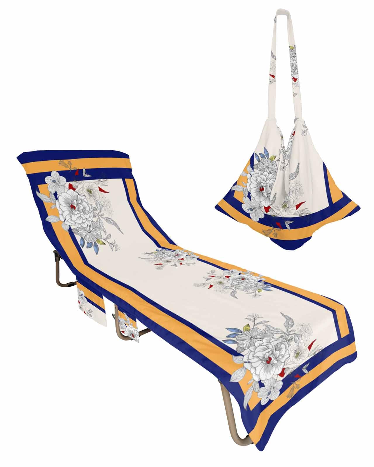 Bohemia Floral Beach Chair Towel Covers for Chaise Lounge with Side Pocket, Soft Plush Pool Towels Cover for Patio Sunbathing Outdoor 29''x85'' Orange Navy Blue Stripes Botanical