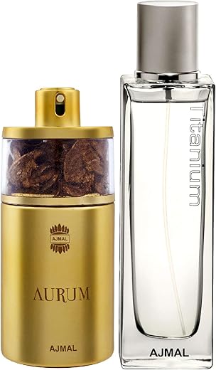 Ajmal Aurum EDP Fruity Floral Perfume 75ml for Women and Titanium EDP Citrus Spicy Perfume 100ml for Men + 2 Parfum Testers FREE