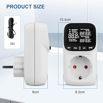 Digital Temperature Controller Socket 230 V with Sensor Temperature Controller Digital Thermostat Socket Temperature Monitor with Heating and Cooling Mode for Greenhouse, Fridge, Terrarium