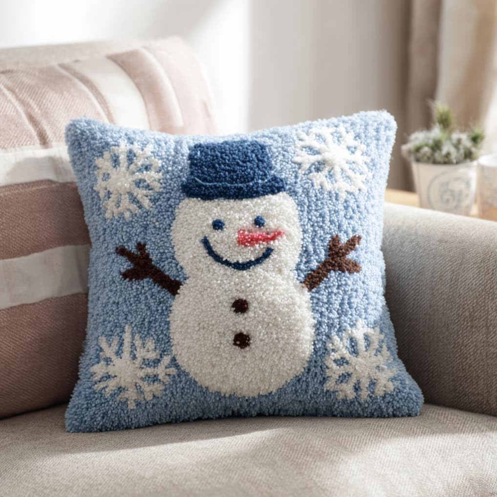 WallustrioaW Latch Hook Pillow Case Kits,Snowman 17X17 Inch Latch Hook Cushion Cover Kit,Knitting Kits Cushion for Adults Rug Making Kit for Starters