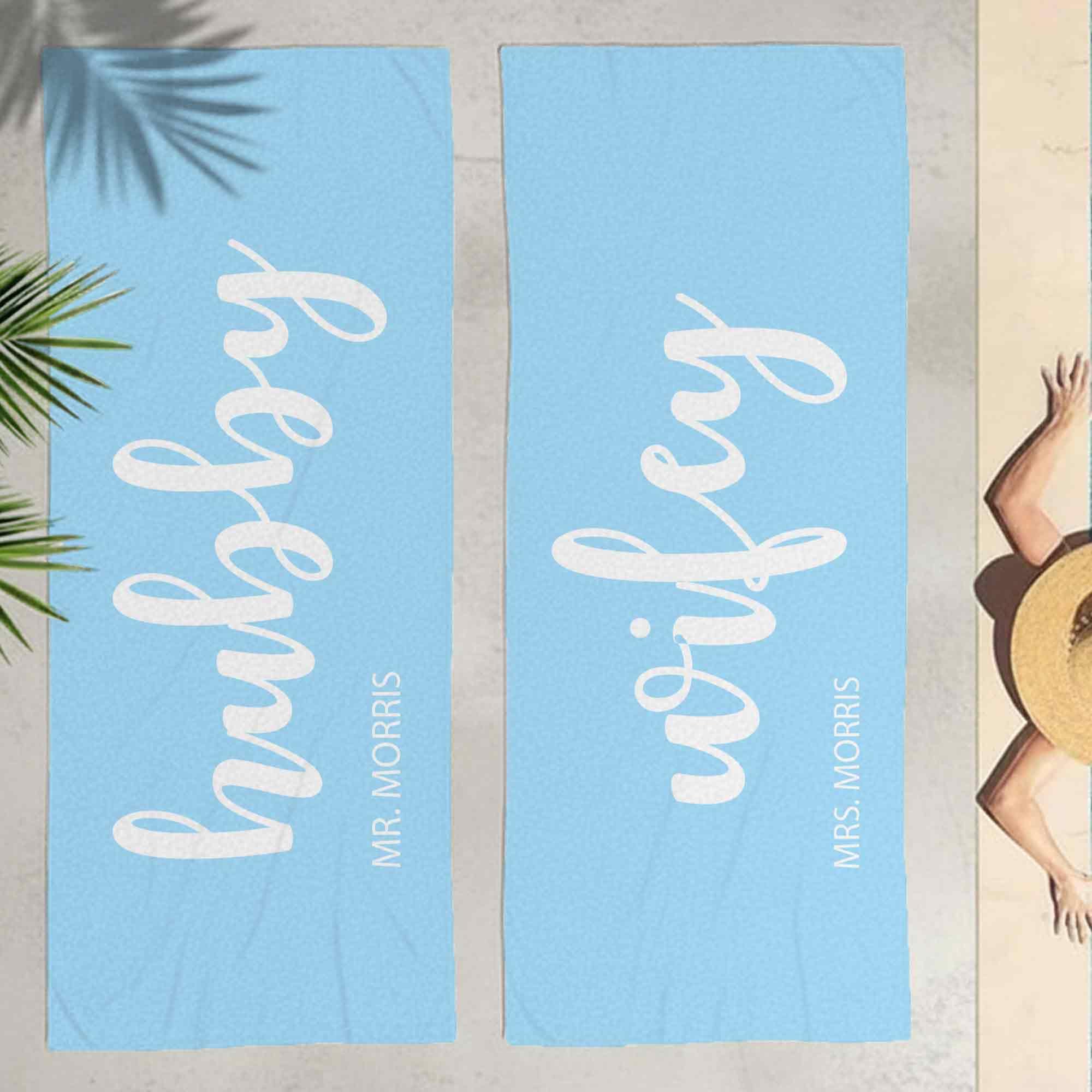 Print Maniacs Personalised Couple Gift Towel Hubby and Wifey Custom Name Microfibre Beach Towel Large Quick Dry Lightweight Travel Towel Honeymoon Holiday