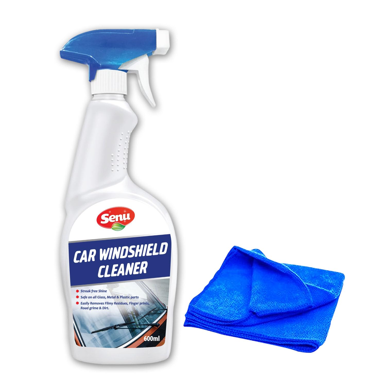 Senu Car Windshield Cleaner 600ml + Microfiber Cloth Free| Remove Stains Filmy Residues Grime and Fingerprints from Glass | Rain and Dust Repellent | Safe for Both Tinted & Coated Glass