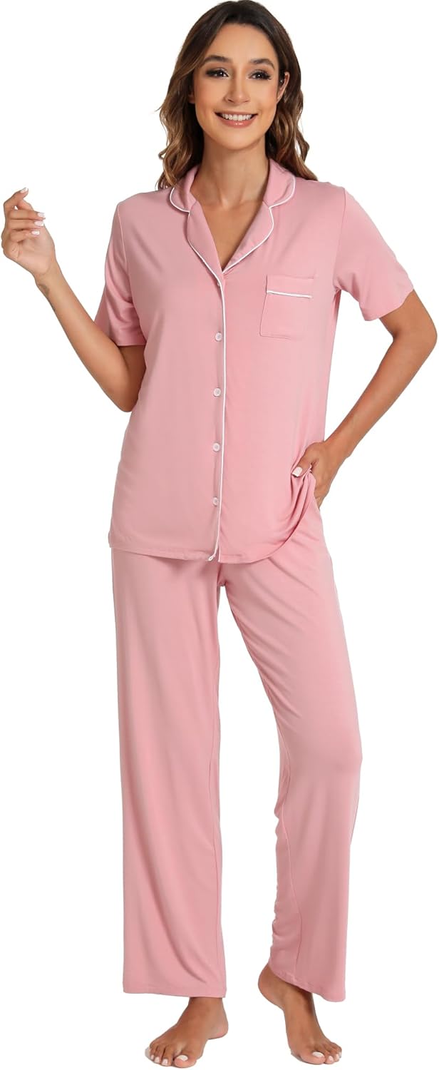 WiWi Viscose from Bamboo Women's Pajamas Set Super Soft Button Down Top and Pants Sleepwear Cooling Pjs S-3X