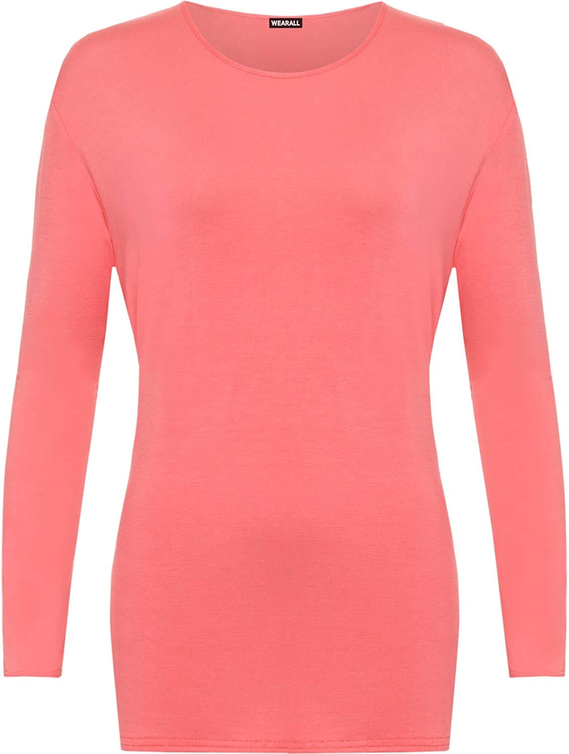 GirlzWalk Women's Plain Long Sleeve T-Shirt Basic Casual Plain Stretch Top Plus Size (Coral, ML = UK 12-14)