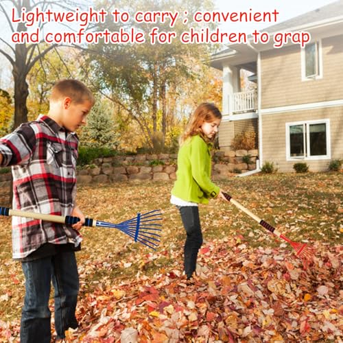 2 Pack Kids Rakes for Leaves, 28\" Metal Small Rakes Child Garden Lawn Rake with Hardwood Handle & Soft Foam Grip, Cute and Lightweight Leaf Rake Kid Garden Tools Gift Set for Boys and Girls
