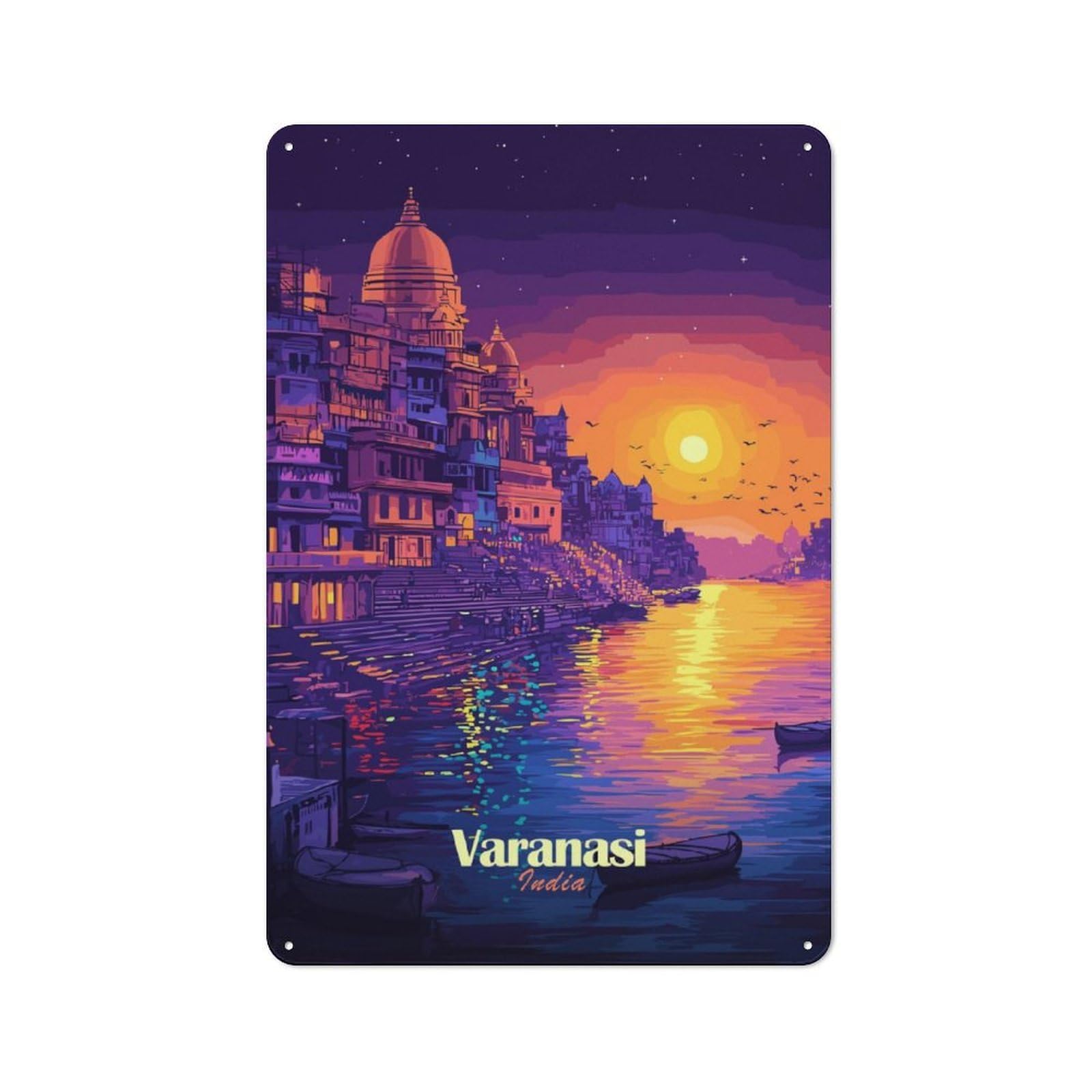 Junmoney Varanasi Sunset Tin Wall Plaque 30X20cm With For Guest Room Or Hallway, For Garage, Workshop And Man Cave Decoration