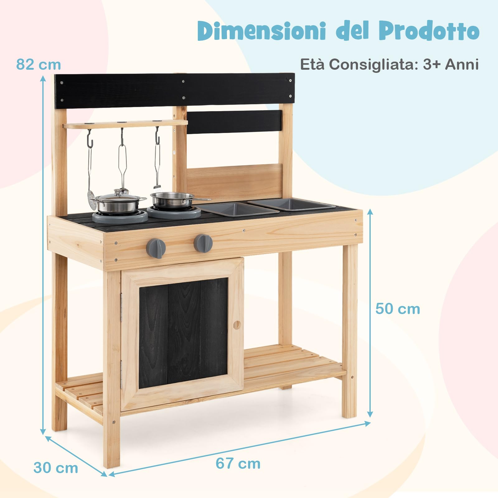 COSTWAY Cucina Giocattolo Bambini, Cucina da Esterno in Legno con 2 Lavandini Removibili, Piano Cottura e Utensili e Spazio di Archiviazione, 67 x 30 x 82 cm