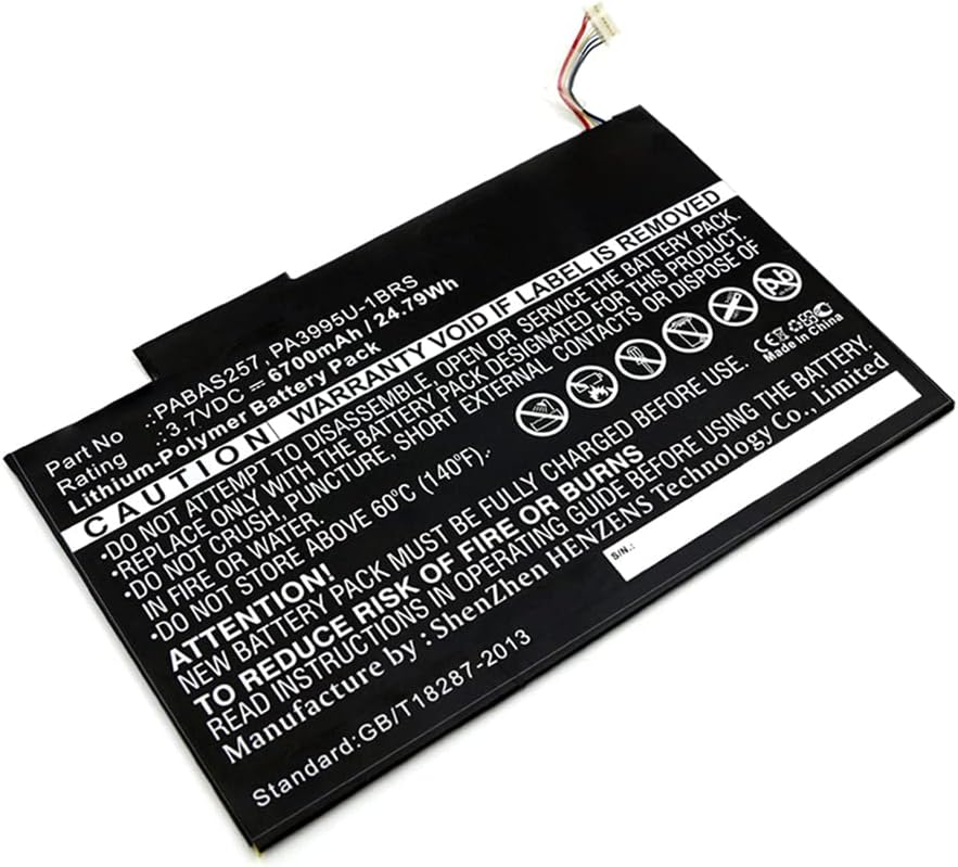 Top view of Synergy Digital tablet battery with warning labels