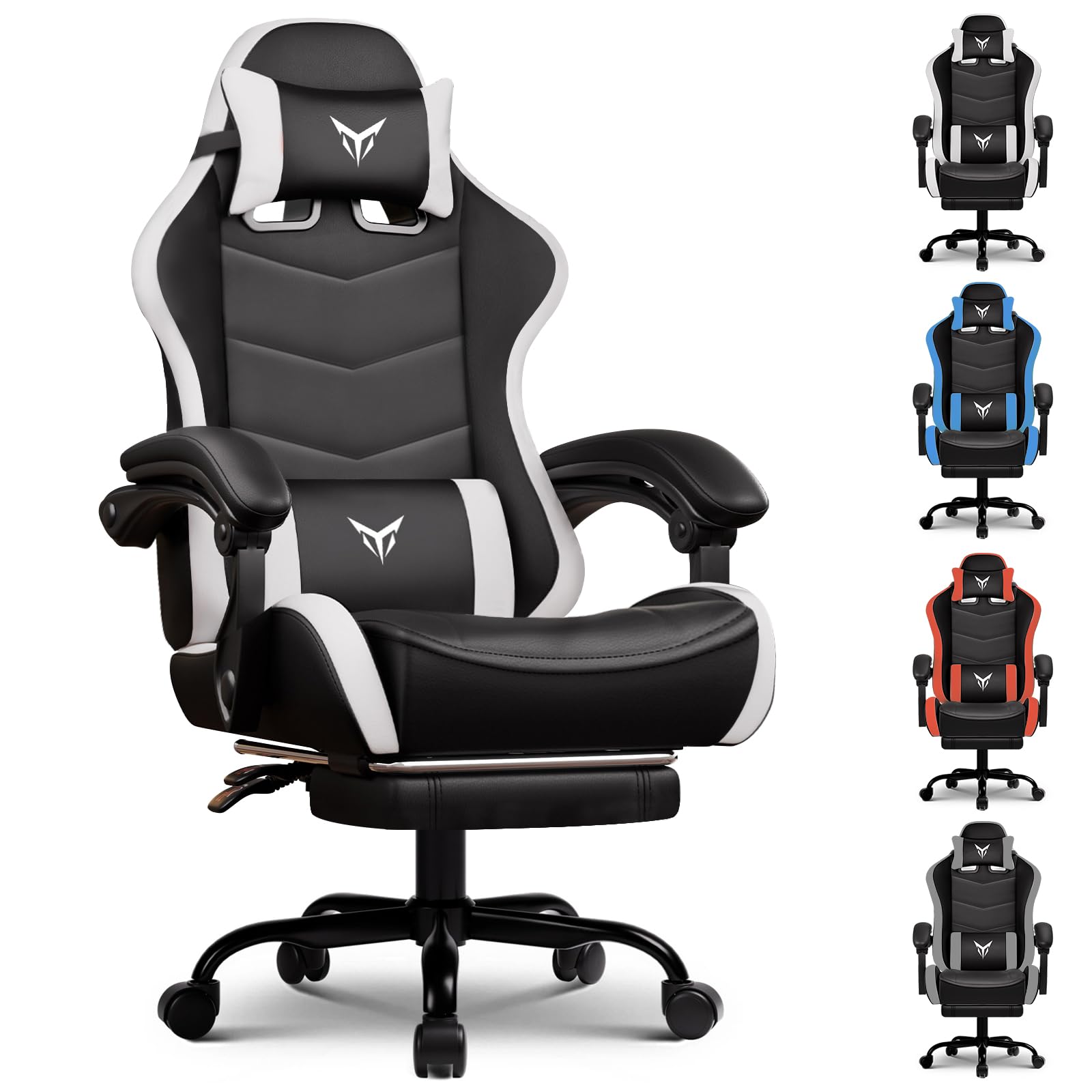 GTPLAYER Chaise Gaming Ergonomique,Chaise Bureau avec Repose-Pieds,Appui-tête et Soutien Lombaire Réglables,Fauteuil de Bureau,Hauteur Réglable,Blanc