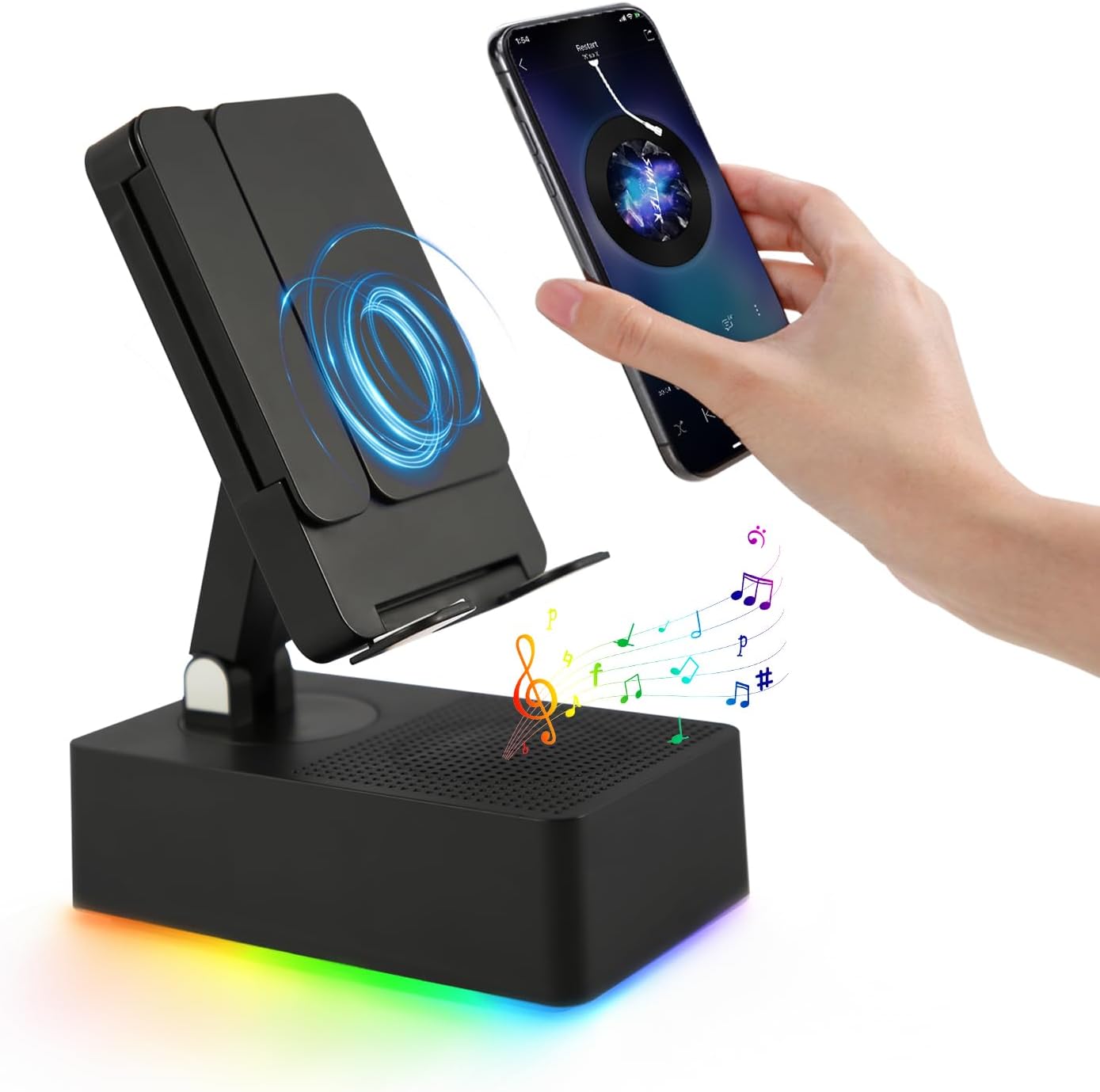 Wi-fi Induction Bluetooth Speaker, 5-in-1 Foldable Telephone Holder, 1500mAh Emergency Charging, Colourful LED Ambient Mild, Tech Devices Presents for Males Ladies, for iPhone Android Pill, Black