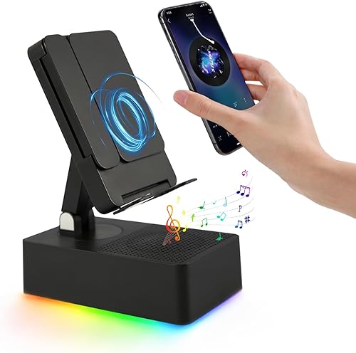 TuneEIf Wireless Induction Bluetooth Speaker, 5-in-1 Foldable Phone Holder, 1500mAh Emergency Charging, Colorful LED Ambient Light, Tech Gadgets Gifts for Men Women, for iPhone Android Tablet, Black