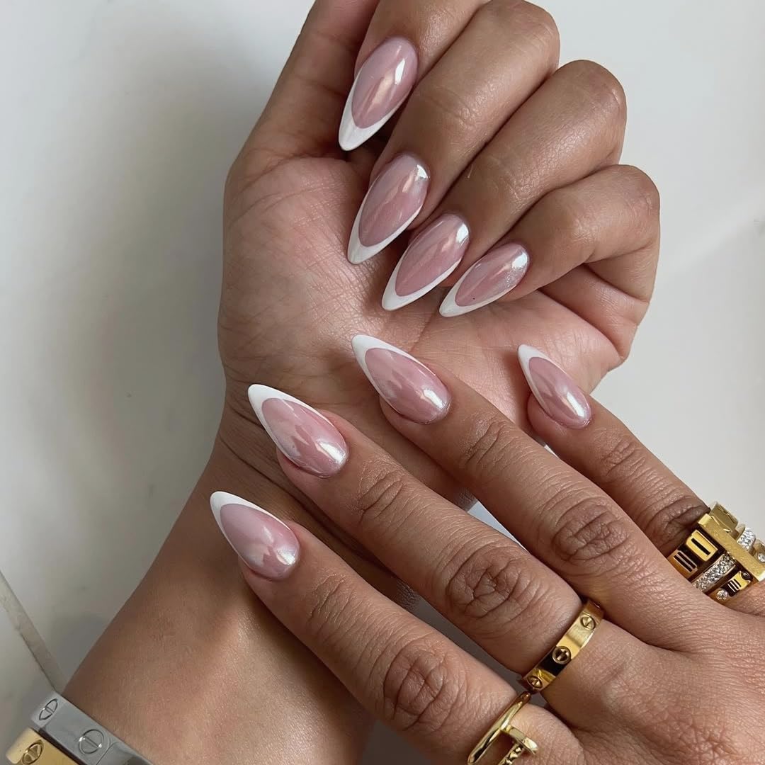 KQueenest Chrome White French Tip Press on Nails Almond Medium Glazed Glitter French Tip False Nails Medium - Image 3