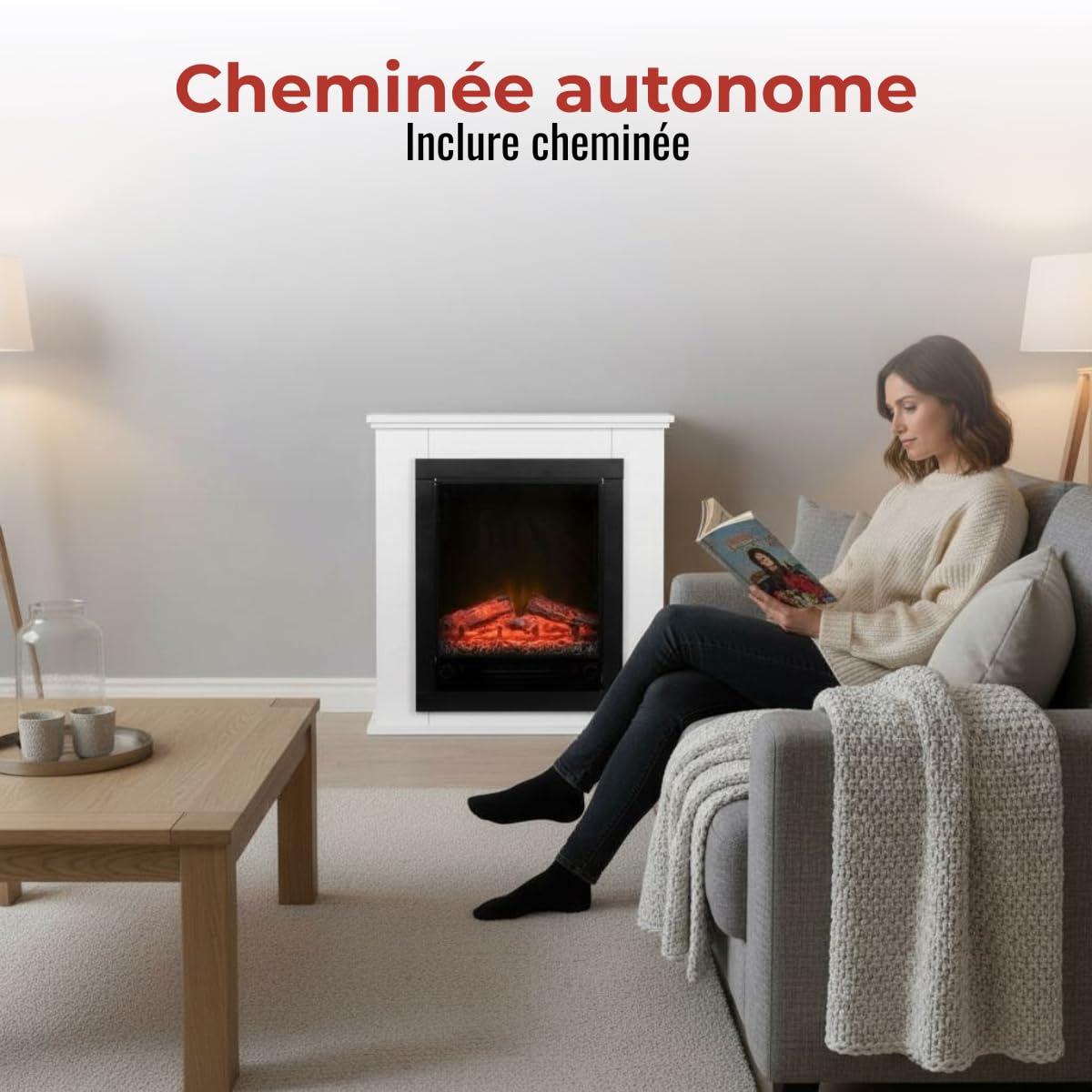 Cheminee Electrique Effet Flamme Lugano 1800W - Cheminée Décorative avec Télécommande et Minuterie - Chauffage Electrique Poêle Électrique Autoportant - Blanc