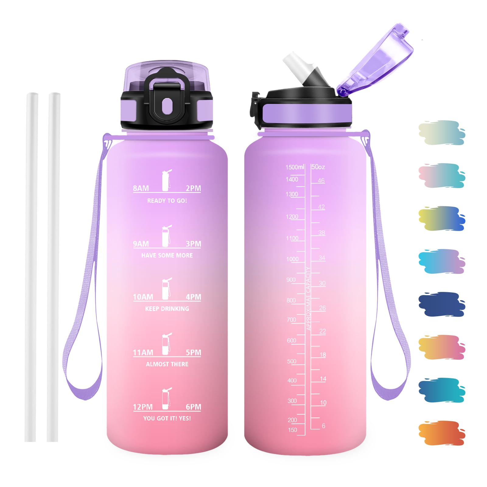 JAPORIA 1.5L Water Bottle, BPA Free, Water Bottle with Straw and Time Markers, Leak Proof Water Bottle for School, Office, Yoga