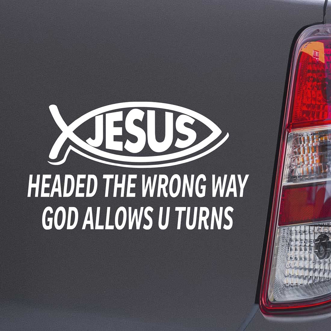 Custom Brother - Headed The Wrong Way GOD Allows U Turns Christian Jesus Fish White Color Car Laptop Wall Bumper Decal Sticker, DesU36
