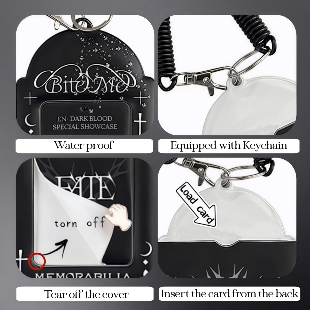 Kpop Photocard Holder Keychain Black Personalized K pop Photo Card Holder ID Badge Holder for Girl Bag Charm Photocard Sleeves Kpop Merch (Bite me（Style A）)