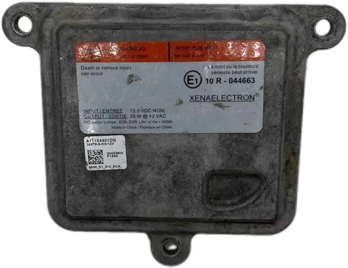 Front view of the LBAXSXP Xenon D3S Headlight Ballast Unit with label showing model number 10R-044663 and input/output specifications.
