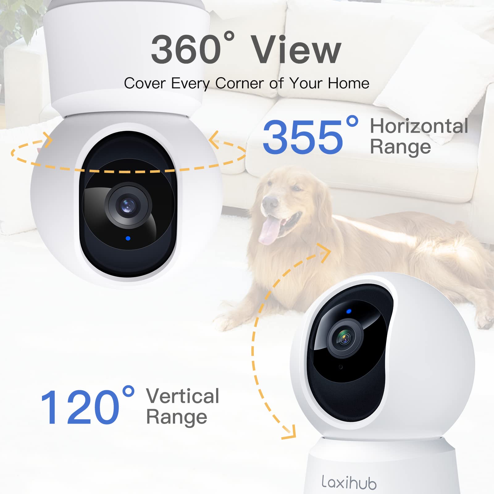 LAXIHUB Osłona 360 °C Pan Tilt Indoor Security Camera, 2K Full HD Smart Monitor Baby Pet Camera z aplikacją na telefon, noktowizor, dwukierunkowe audio, Motion Sound Detection, współpracuje z Alexa