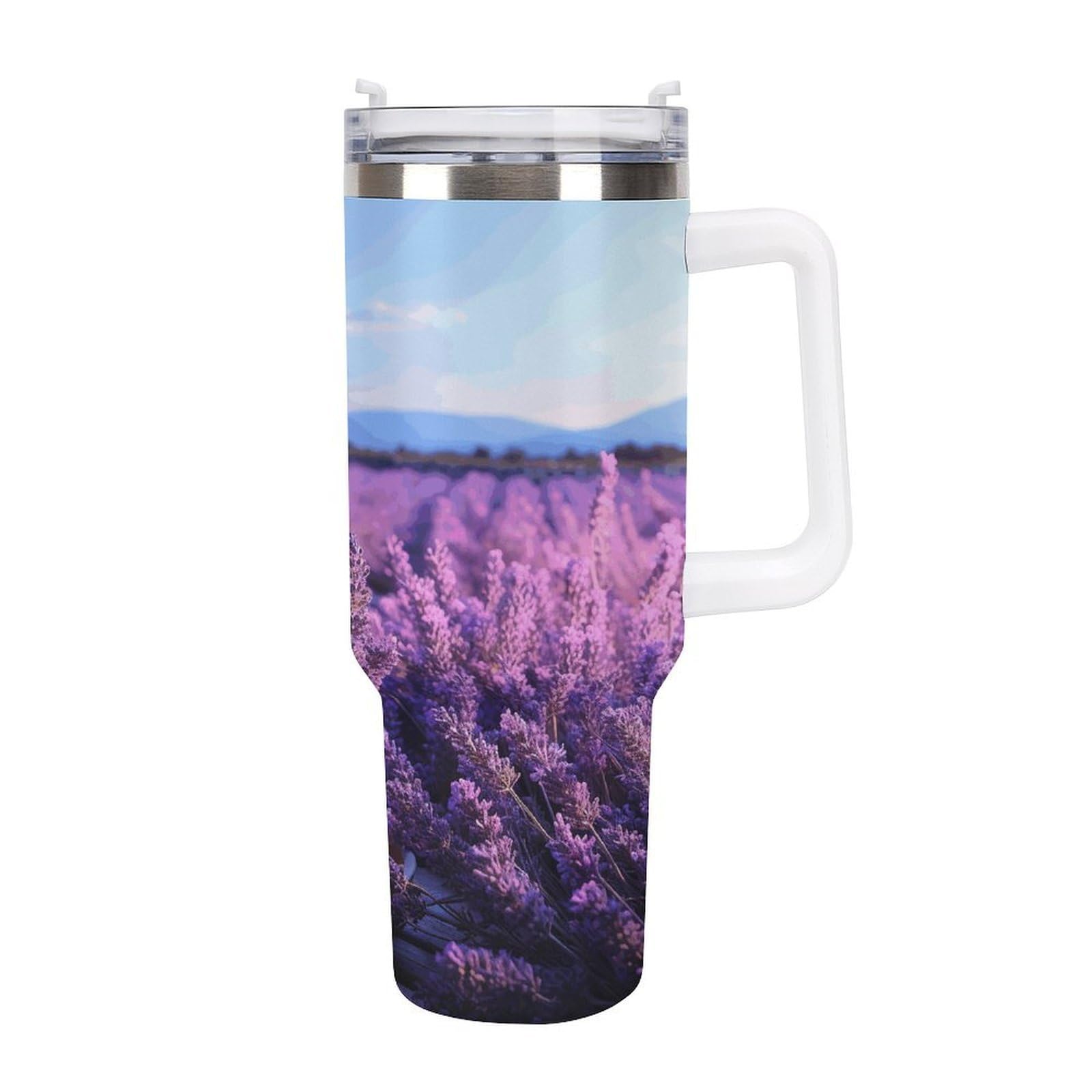 Romantische Lavendelbecher mit Strohhalm und Griff, doppelwandige Vakuumisolierung, Wasserflaschen für Eiskaffee, Tee, heiße und kalte Getränke