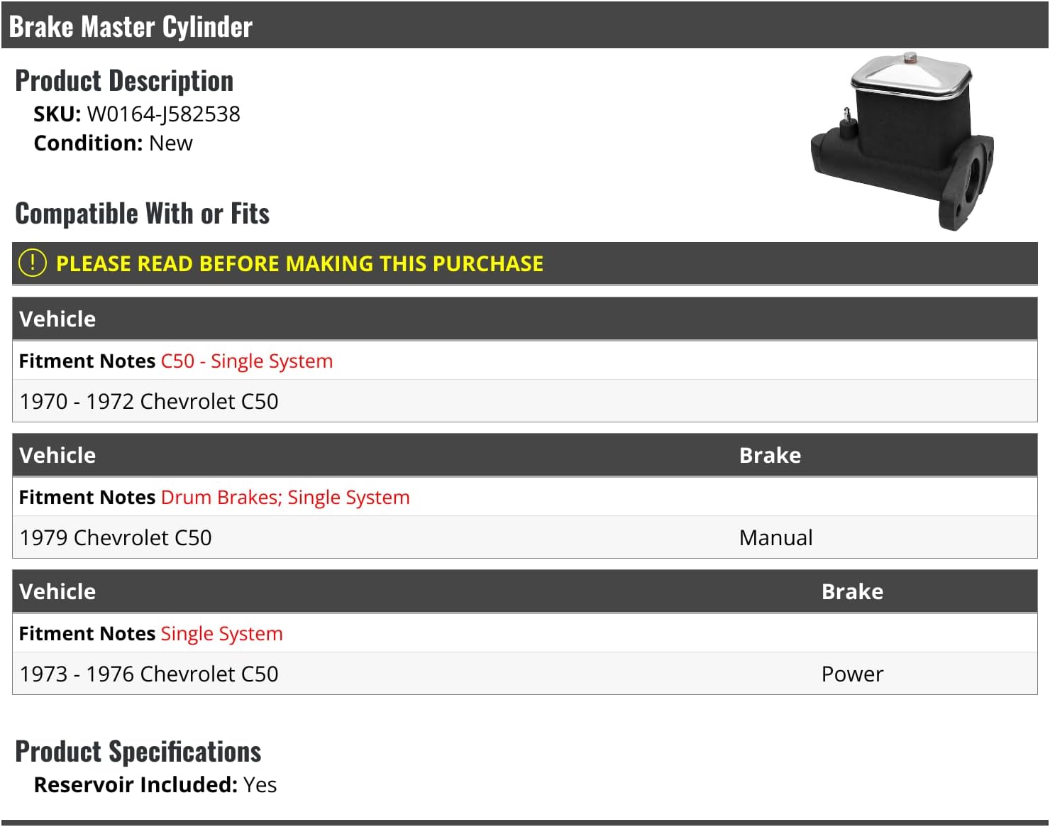 Brake Master Cylinder - with Reservoir - Compatible with 1970-1976, 1979 Chevy C50