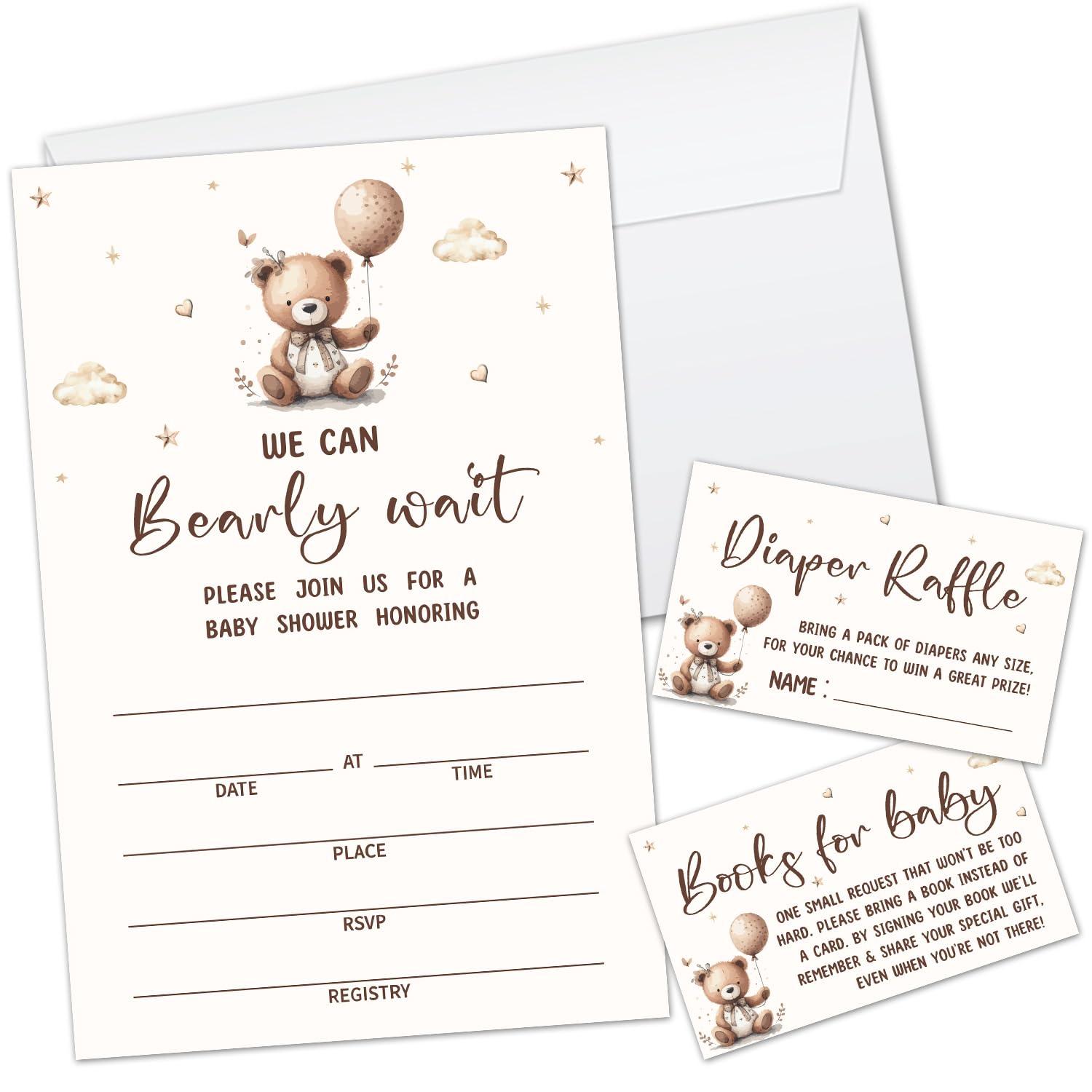 Yuansail Balloon Bear Baby Shower Invitations Set for Girls Boys Gender Reveal Party, 25 Sets Baby Shower Invitation with Envelopes, Diaper Raffle