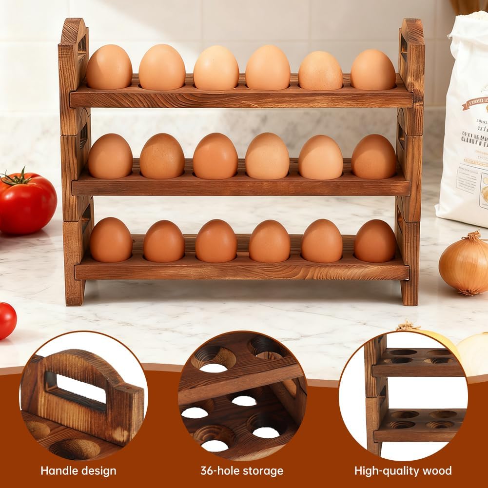 3-Tier Wooden Egg Holder Countertop, 36 Grid Stackable Farmhouse Egg Storage Rack, Rustic Kitchen Counter Decor Organizer For Fresh Chicken Duck Eggs, Housewarming Kitchen Gift