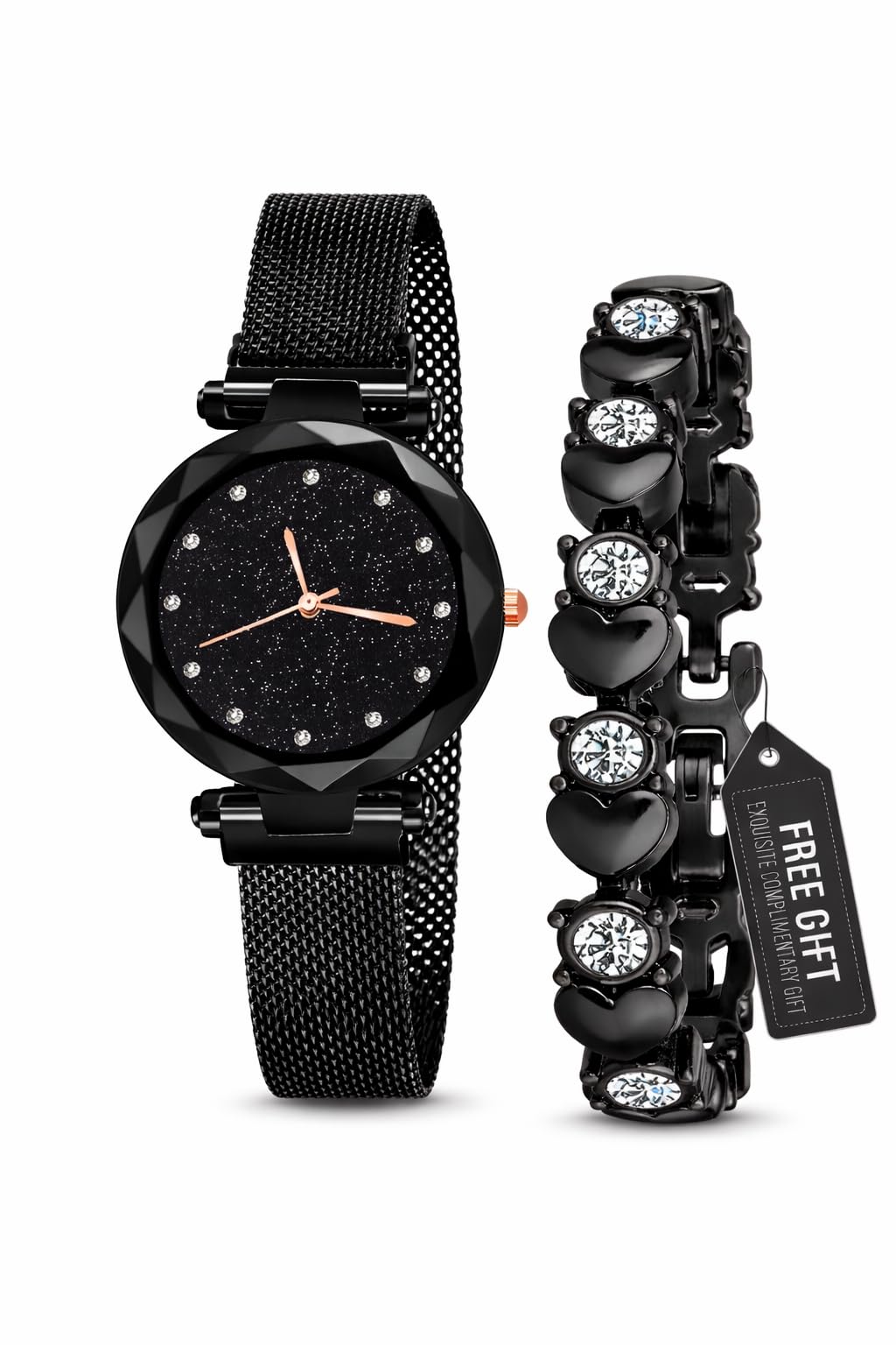 Daniel Radcliffe Women Fashion Magnetic Mesh Strap Watch with Bracelet Gift Set, Elegant Ladies Analog Wrist Watch with Starry Crystal Dial, Adjustable Magnetic Band Stylish Women Wristwatch with Heart Crystal Bracelet Jewelry