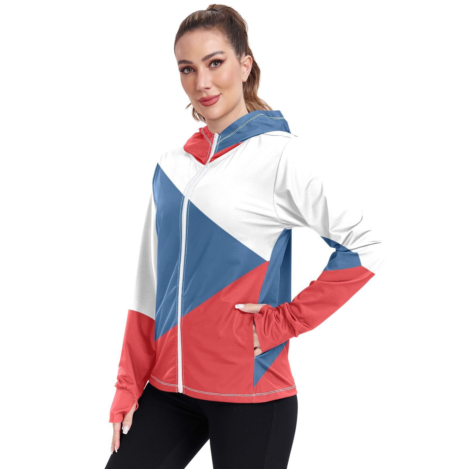 Vnurnrn Czech Republic Flag Womens UPF 50+ Sun Protection Hoodie Jacket Lightweight Long Sleeve Sun Shirt with Pocket