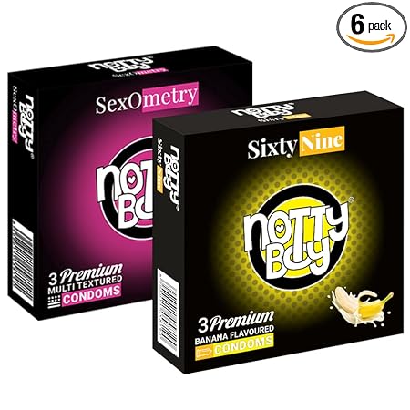 NOTTY BOY Delicious Extra Thin Banana Flavoured And 3 In 1 Ribbed Dotted Contour Condoms For Men And Woman -6 Count