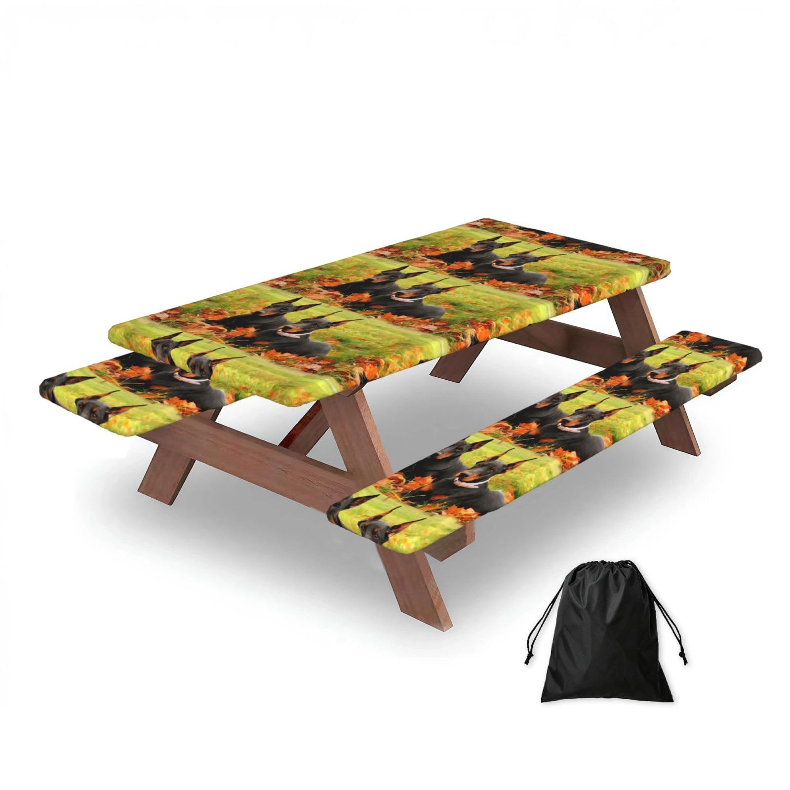 Dopklna As Picture Beautiful Autumn Doberman, Picnic Table Cover With Bench Covers -Waterproof Elastic Fitted Tablecloth For Garden Camping Patio 76X152cm