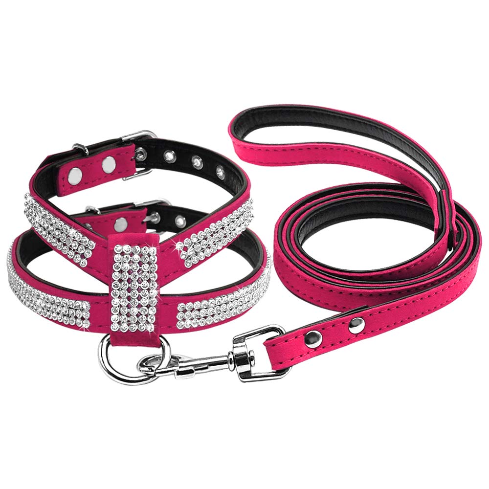 Lightweight Soft Bling Rhinestone Dog Harness Diamante Suede Leather Cat Puppy Kitten Harness Leash Set For Small Medium Dog (Color : Rose, Size : M1)