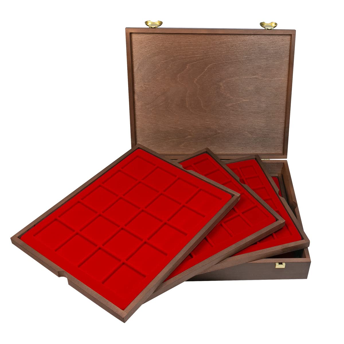 LINDNER Das Original Portamonete in legno con 4 inserti rossi in vero legno con 127 scomparti quadrati di diversi diametri, dimensioni esterne: 32,5 x 26,5 x 6 cm