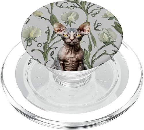 Sphynx Cat White Gray Sweet Pea Summer Vintage Flower PopSockets MagSafe PopGrip for iPhone