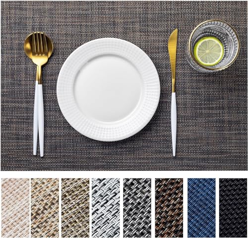 LEXMORE PlaceMats Set of 12 Vinyl/Plastic Woven Place Mats for Kitchen Table Indoor/Outdoor Washable PlaceMat Wipeable Dining Table Mats(Black/Brown)