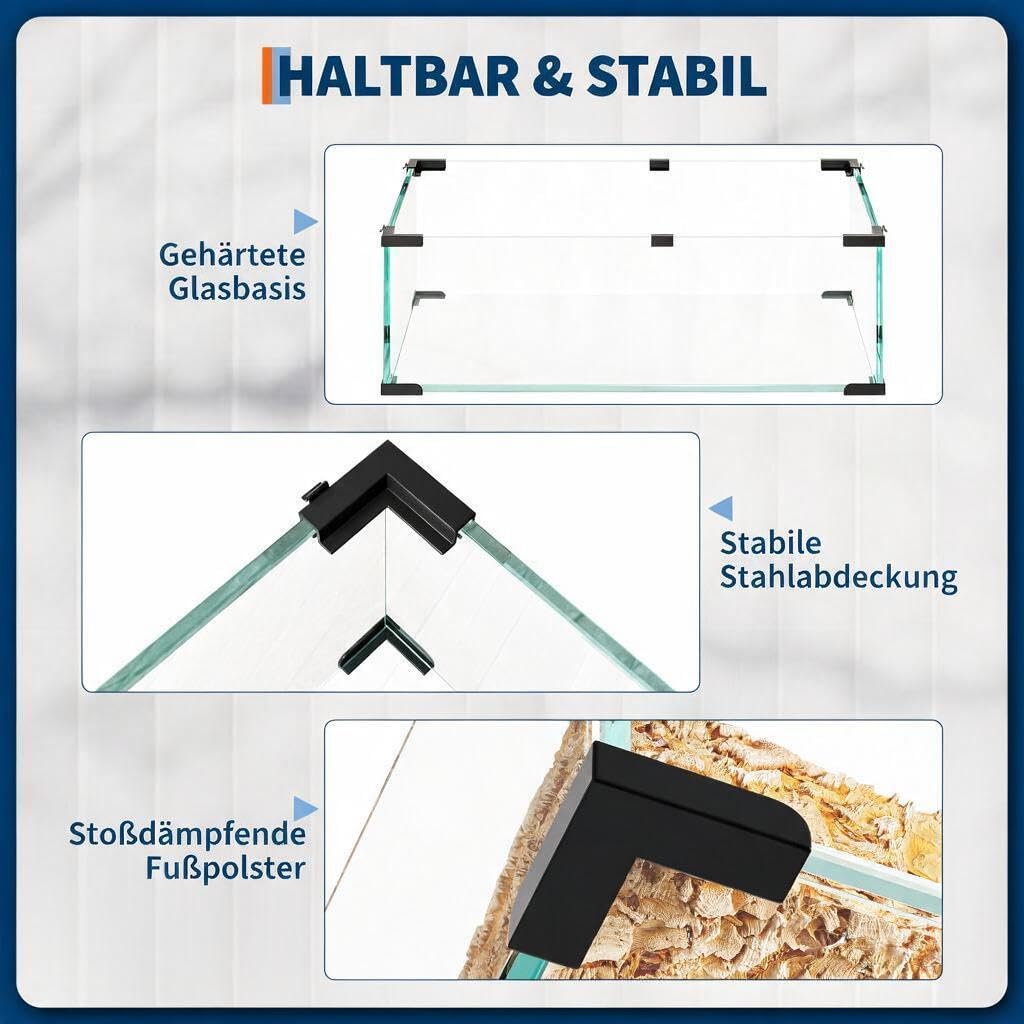 Garvee Hamsterkäfig Glas & Metall, Kleintierkäfig 58 x 38 x 54 cm, 6 mm Glasbecken, Komplettset mit Laufrad, Trinkflasche, Keramikversteck, Plattformen & Leitern, für Zwerghamster, Mäuse, Rennmäuse