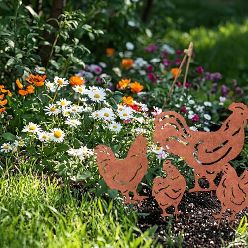 VERDOBA Hühner mit Hahn Gartendeko Rost - Hahn Deko - Hühner Deko Garten mit Rostpatina - Gartenstecker Rost Hühner und Hahn aus stabilem Eisen - Dekohühner Deko für Garten, Balkon & Terrasse