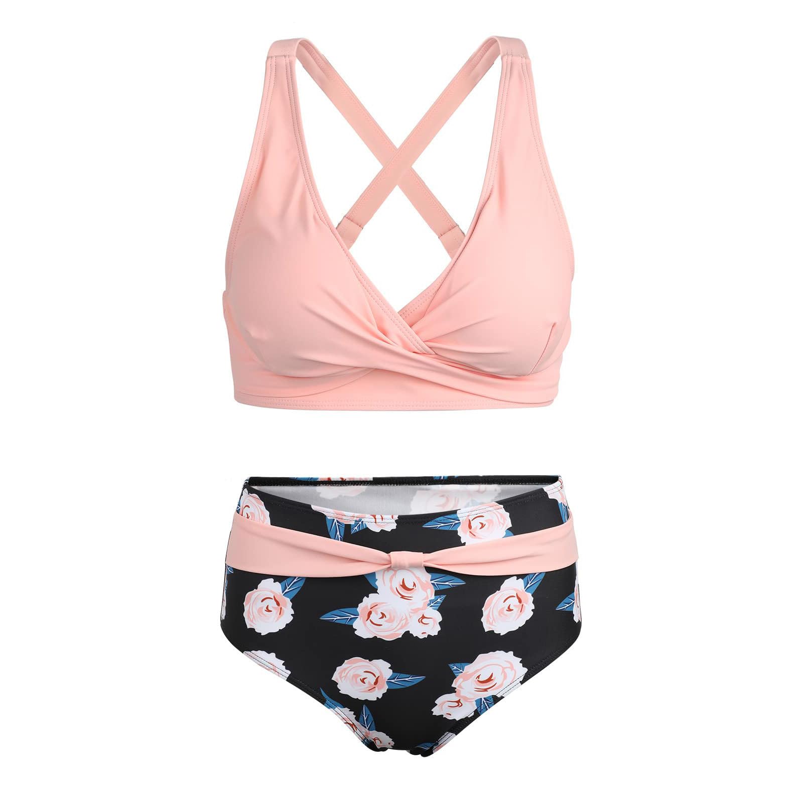 Generisch Bikini pour femme - Maillot de bain - Maillot de bain 2 pièces avec haut push-up - Maillot de bain deux pièces avec imprimé froncé, Rose, M