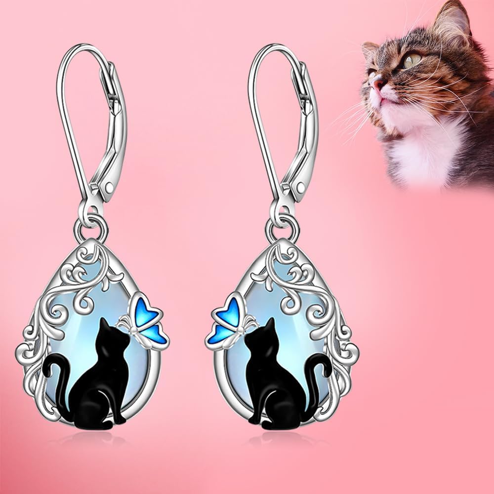 Cat Earrings Moonstone Black Cat Earrings for Women Sterling Silver Filigree Butterfly Dangle Drop Jewelry Leverback Halloween Christmas Gifts - Image 8