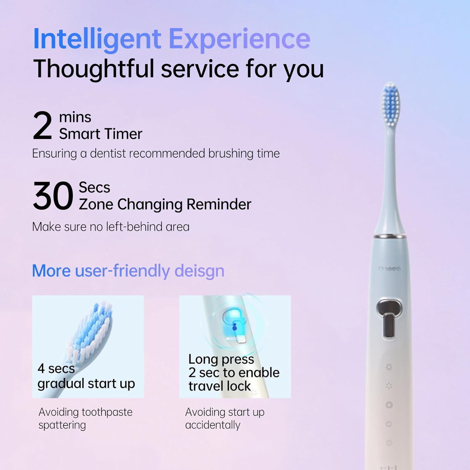 M-teeth X7 Series Sonic Electric Toothbrush highlighting 2-minute smart timer, 30-second zone changing reminder, 4-second gradual start-up, and 2-second long press for travel lock