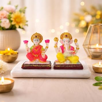 11 cm Lord Lakshmi & Ganesha Polyester Marble Statue Sculpted in Great Detail Idol for Car Dashboard Home Decor Gift