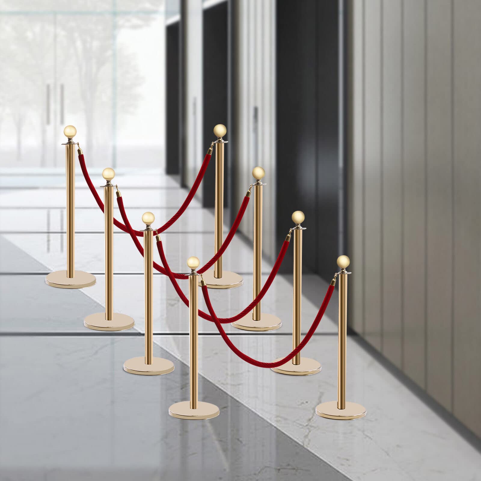 LyeXD 8 PCS Crowd Control Stanchion Gold Posts Set, Stainless Steel Crowd Control Poles with 5ft Red Velvet Rope and 8*Rubber Bases, Crowd Control Barriers Stanchion Set for Airport, Theater, Hotel