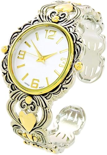 2Tone Metal Decorado Gran Cara Ovalada Mujer Brazalete Brazalete Reloj, plateado, Contemporáneo