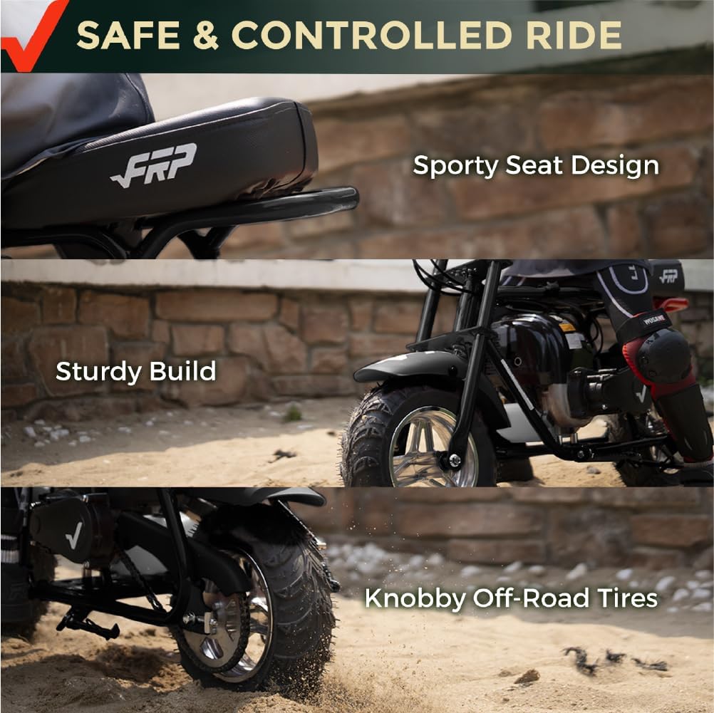 De cerca views of FRP Mini Bike features: sporty seat, sturdy build, and knobby off-road tires