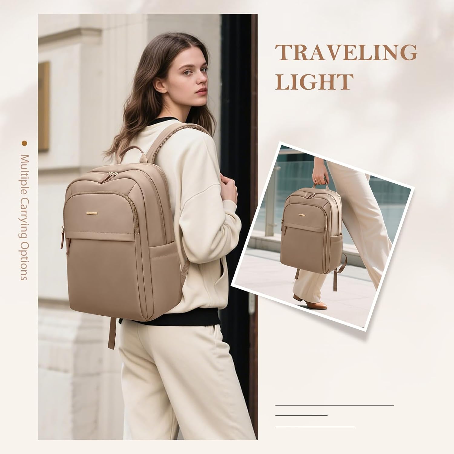 Travel Backpack for Women Personal Carry On Bag Business Weekender Hiking Multilayer Laptop Bag,16 Inch,Champagne Brown - Image 7