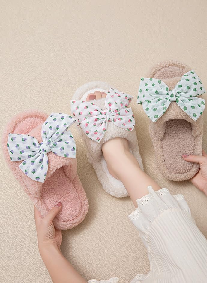 Cute Bow Slippers for Women Men Open Toe Fuzzy House Slippers Indoor Outdoor Anti-Skid Soft Warm Sandals4