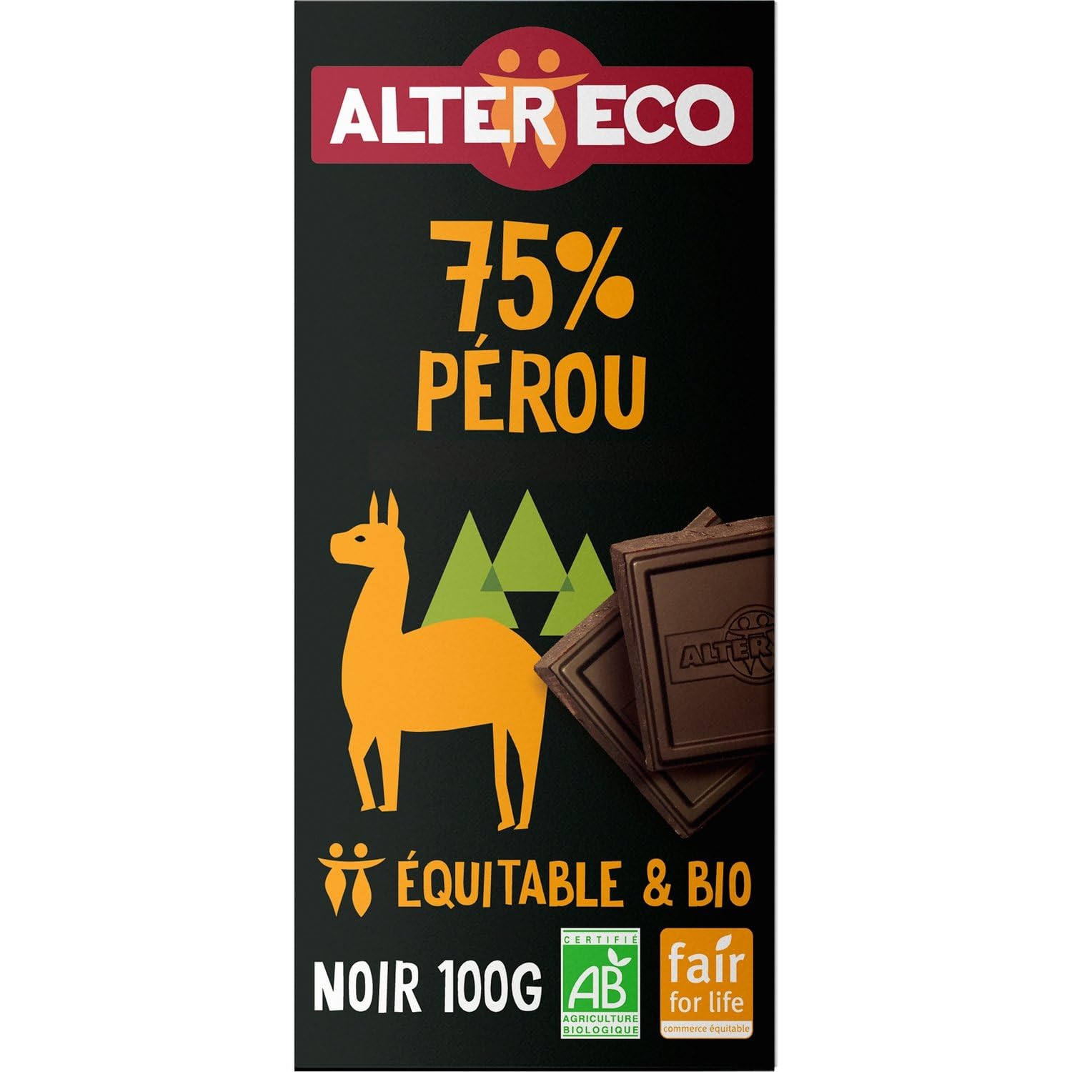 Tablette de Chocolat Noir 75% Pérou Bio ALTER ECO - La tabLette de 100g Lot De 4 - Par Lot
