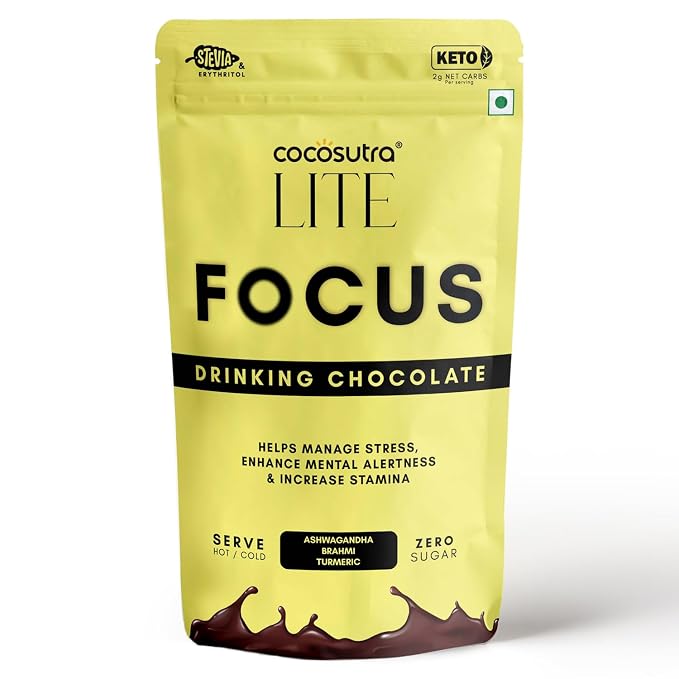 Cocosutra FOCUS - Sugar Free Ashwagandha Drinking Chocolate Mix | Enhances Mental Alertness & Reduces Stress | Keto Friendly | Enjoy hot or cold | 200 g